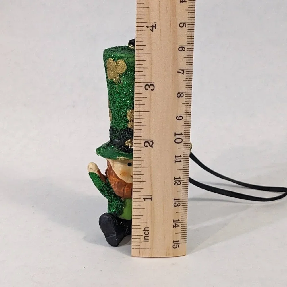 Leprechaun St Patricks Day Ornament Green Glitter Gold Shamrock Lucky Charm 4in